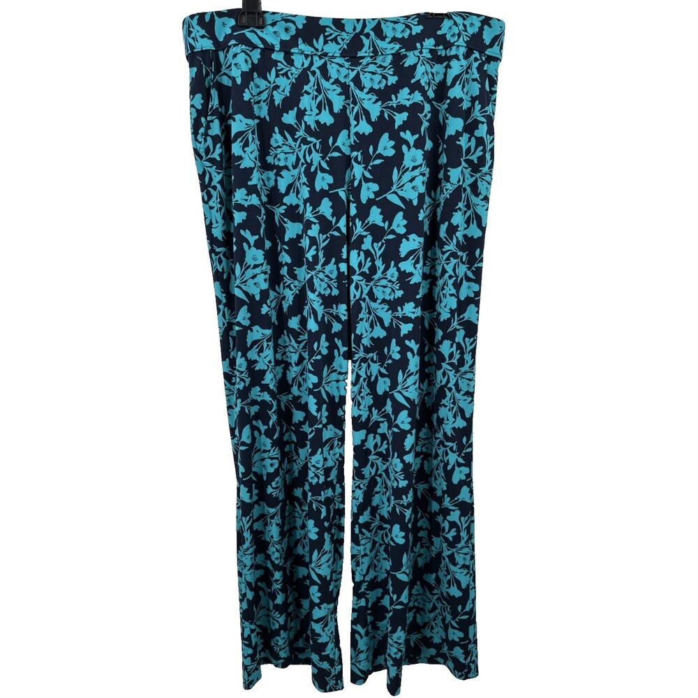 Lane Bryant Wide Leg Pants 18/20 Blue Floral Jersey Knit Pull On Business Casual